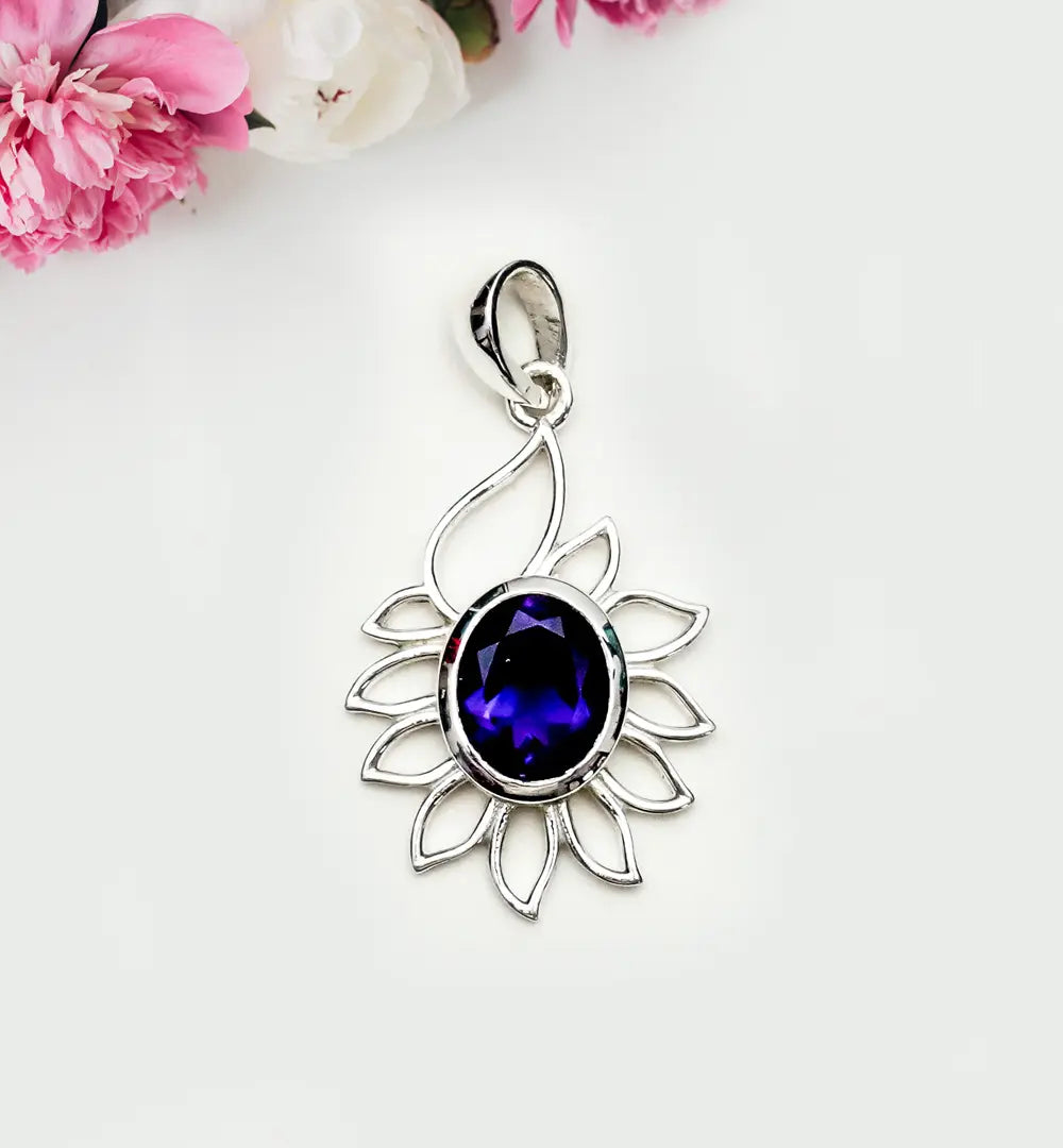 Sunflower Pendant With Amethyst Gemstone In 925 Sterling Silver - Mohnaa Jewels