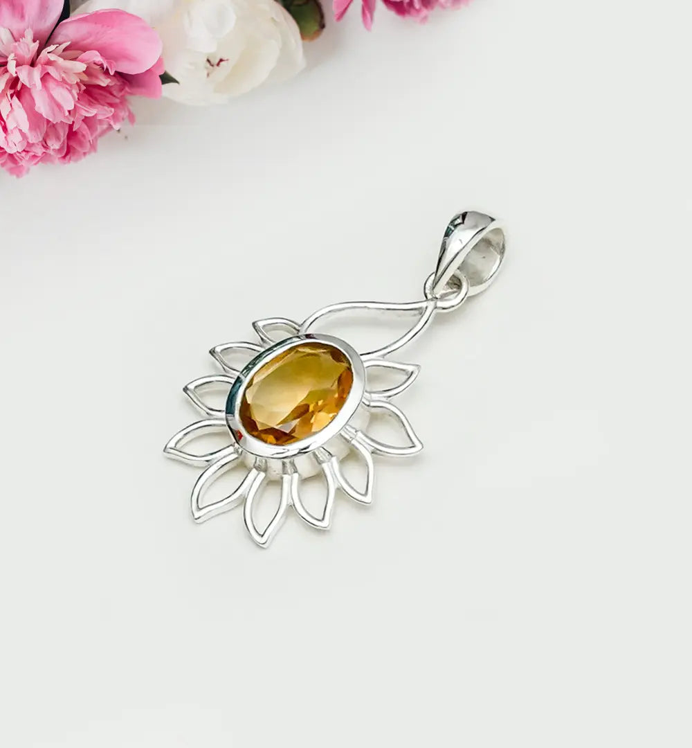 Sunflower Pendant With Citrine Gemstone In 925 Sterling Silver - Mohnaa Jewels