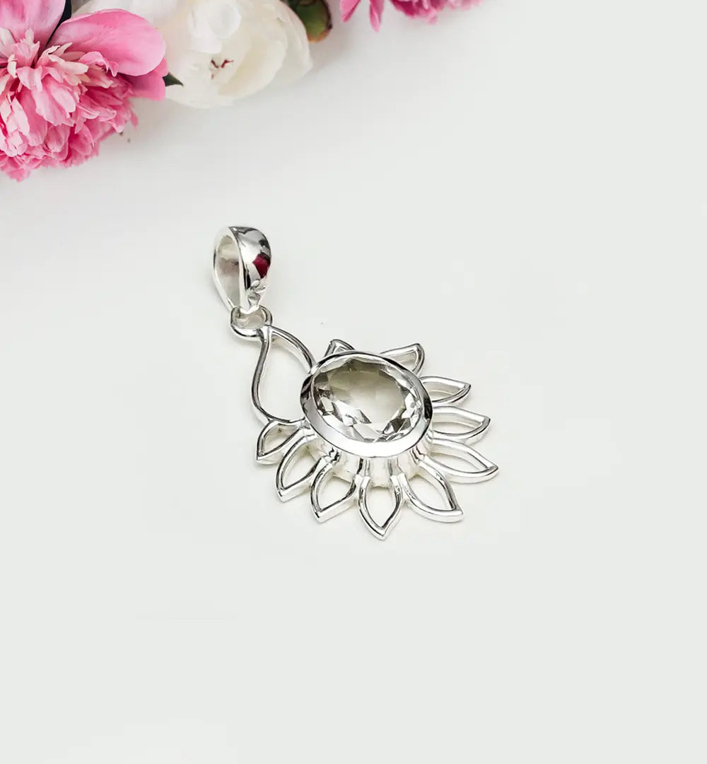 Sunflower Pendant With Quartz Gemstone In 925 Sterling Silver - Mohnaa Jewels