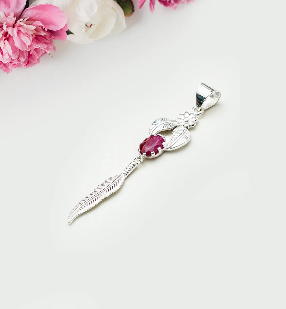 Feather Pendant With Red Gemstone Handmade  In Solid Sterling Silver - Mohnaa Jewels