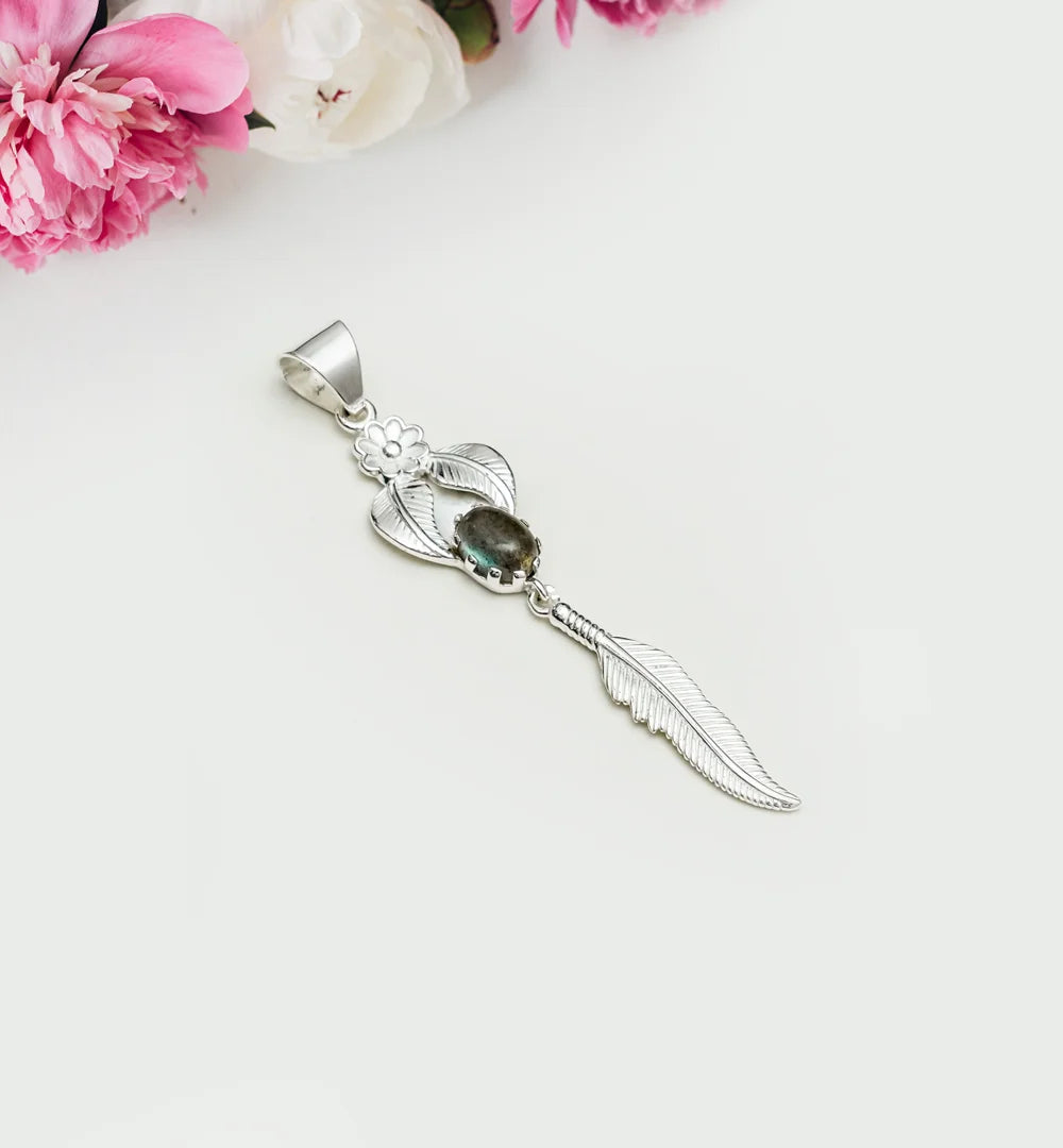 Feather Pendant With Labradorite Gemstone Handmade  In Solid Sterling Silver - Mohnaa Jewels