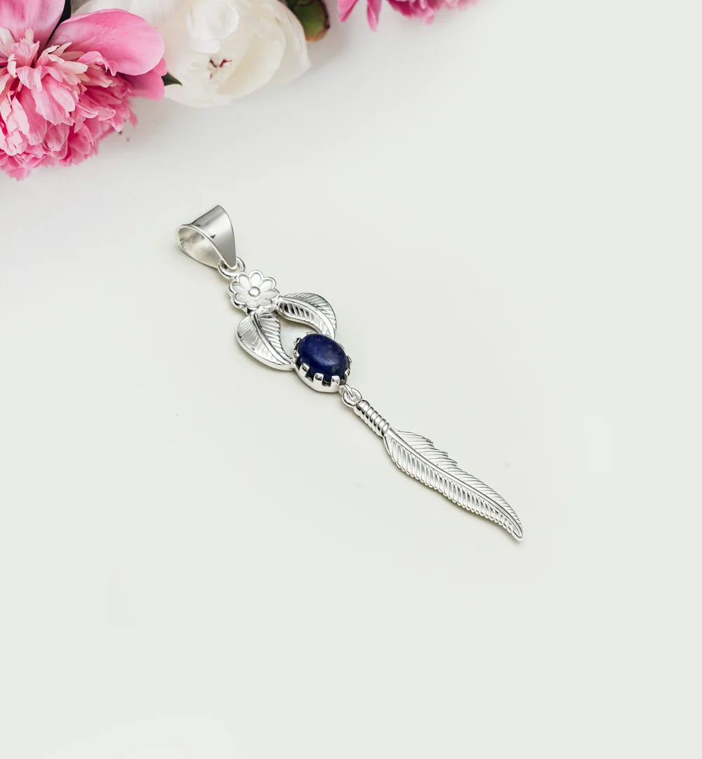 Feather Pendant With Kyanite Gemstone Handmade  In Solid Sterling Silver - Mohnaa Jewels